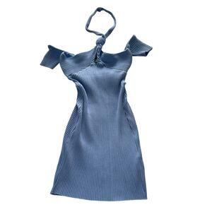 Zara Ribbed Knit Knot Halter Neck Mini Dress Light Blue Women S Bodycon Festival